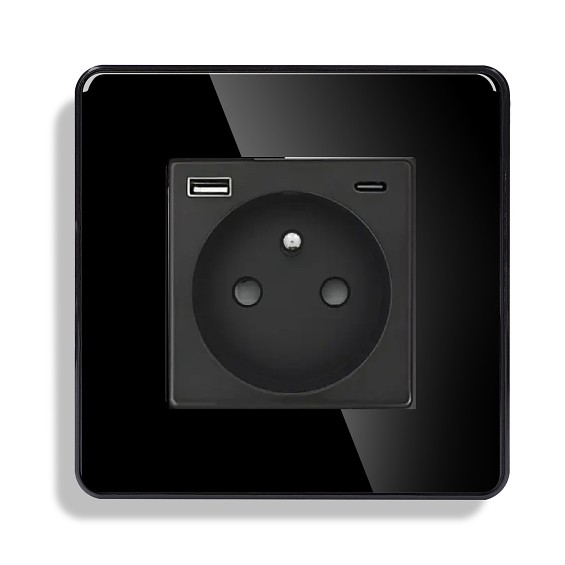 L+B SWITCH Elektrická zásuvka typu FR s USB A+C / 20W Fast charge ve skleněném rámečku