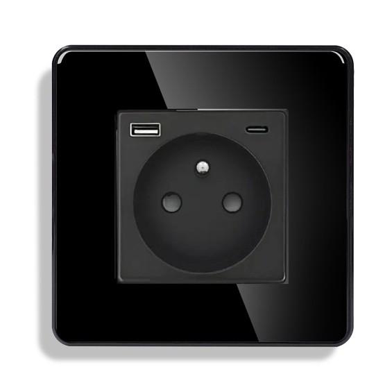 L+B SWITCH Elektrická zásuvka typu FR s USB A+C / 20W Fast charge ve skleněném rámečku