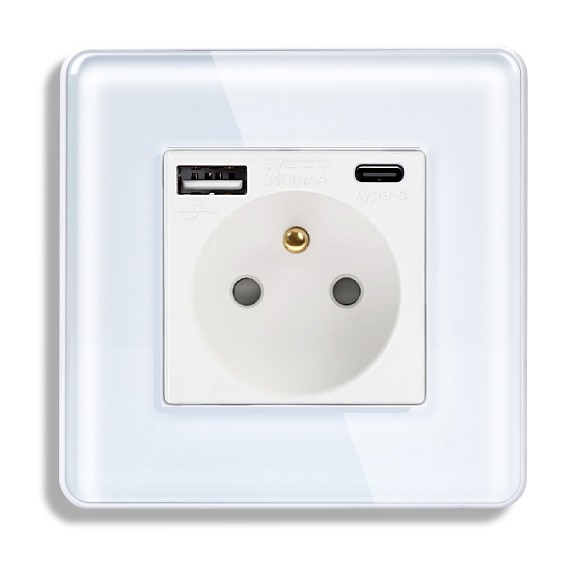 L+B SWITCH Elektrická zásuvka typu FR s USB A+C / 20W Fast charge ve skleněném rámečku bílá