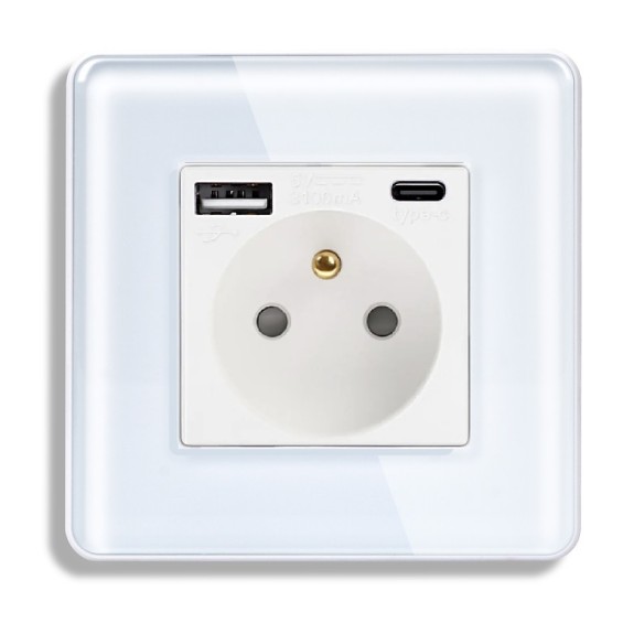 L+B SWITCH Elektrická zásuvka typu FR s USB A+C / 20W Fast charge ve skleněném rámečku bílá